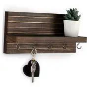 Decorative Key Holder for Wall with Shelf, Entryway Shelf with Hooks Brown
