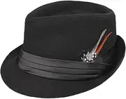 [XINCHIA] Men Fedora Panama Hat Trilby Hat with Feather British Vintage Wool Felt Jazz Cap Short Brim Bowler Hat Jazz Dancers Gangsters Rapper Cowboy Gentleman Fedora Hat for Party Dancing Stage