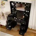 Black Dressing Table With Lighted Makeup Mirror 7 Drawers 6 Shelves Vanity Desk