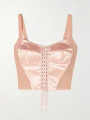 [Dolce & Gabbana] Dolce & Gabbana - Lace-up Satin And Mesh Bustier Top - Baby pink - IT46 IT 46 Pink