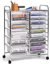 Giantex 15-Drawer Rolling Storage Cart, Multipurpose & Lightweight Drawer Storage Trolley for School, Office, Home, Kitchen, Beauty Trolley Salon (Clear)