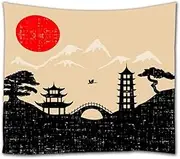 Japan Landscape Red Sun Mountain Silhouette Textile Fabric Wall Hanging Tapestry Curtains Tablecloth Bedspread Art Decors for Bedroom