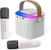 Mini Karaoke Machine,Portable Bluetooth Speaker with 2 Wireless Microphone, Funny Toys for Girls Boy Ages 4-12 Years Old, Led Lights, Gifts for Kids Birthday Christmas Home Party (White)