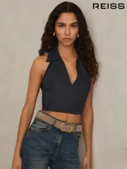 Reiss Navy Cara Linen Halterneck Top (F18174) | $180