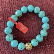 KALIFANO Turquoise Beaded Gemstone Elastic Bracelet With Gold Bead New