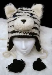 deLux WHITE TIGER HAT knit ADULT Halloween costume CAP FLC LINED toque beanie
