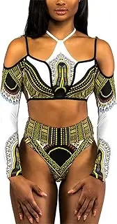 Print High Waist Bikini Women Swimsuit Long Sleeve Swimwear Female Off Shoulder Two Pieces Bikini Set Bathing Suit Swim