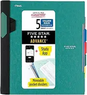 Five Star Spiral Notebook + Study App, 5 Subject, College Ruled Paper, Advance Notebook with Spiral Guard, Movable Tabbed Dividers and Expanding Pockets, 8-1/2" x 11", 200 Sheets, Green (73148)