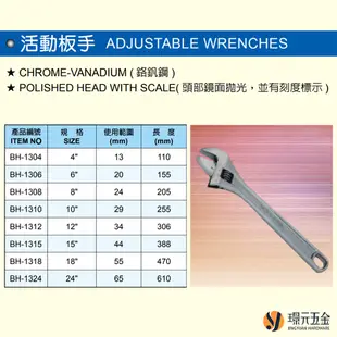 黑手牌 活動板手 BH-1304 BH-1306 活動開口扳手 4吋 6吋 8吋 10吋 12吋 15吋 活動扳手 大開口【璟元五金】