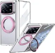 Phone FILP Case Compatible with Xiaomi Mix Fold 4 Case with Screen Protector, 360°Rotatable Ring Kickstand, Military Grade Shockproof Translucent Protective Case, Crystal Clear Protective Case(Pink)