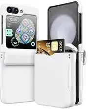 Plastic Full Hinge with Card Holder Phone Case for Samsung Galaxy Z Flip 6 5 4 3 Flip6 Flip5 Flip4 Flip3 5G Cover,White,for Galaxy Z Flip6