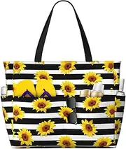 [Ghjkfbf] Sunflowers Print Large Capacity Beach Travel Bag For Family, Beach Tote Bag For Women With Zipper Pockets, Black, One Size