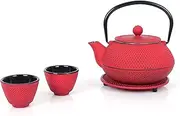 Echtwerk Cast Iron Tea Set, Teapot 0.8L with Removable Strainer, Tea Maker with Saucer, Vintage Design Teapot Set for Making Loose Tea, Red