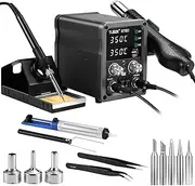 [TLBZK] 878D 2-in-1 Hot Air Soldering Iron Station Kit for Rework, Desoldering Pump, 5 Soldering Tips, 3 Hot Air Nozzles,Tweezers, IC extractor