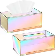 Layhit 2 Pcs Iridescent Rectangular Acrylic Tissue Box Dispensers, 9.37 x 4.72 x 3.94 Inch, Cute Tissue Box Holder for Facial Napkins, Bathroom, Desks