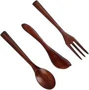 OKUMEYR 3pcs Wooden Fork Spoon Set Lightweight Student Tableware for Families Friends