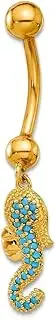 [JewelryWeb] 14k Solid Yellow Gold 14 Gauge Polished Blue CZ Simulated Diamond Seahorse Dangle Navel Belly Ring 37mm Long Body Piercing-Ring for Women