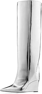 [THESHY] Women‘s Pointed Toe Knee High Boot Wedge Metallic High Heel Thigh High Boot Patent Leather Pull on Shoes