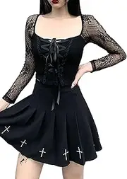 DINGJIUYAN Crop Tops for Women Gothic Sheer Mesh Flower Long Sleeve Slim Shirt Lace Up Square Neck Vintage Costume