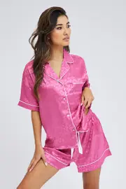 Pink Pyjama Set Leopard Jacquard Satin Piping PJ - Size L, Women's Pj Set