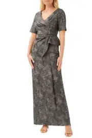 Aidan Mattox V-Neck Short Sleeves Back Zipper Side Pleated Detail Long Jacquard