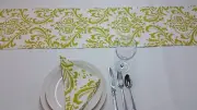 Lot of 3 citrine green and white damask table-runners wedding decoration