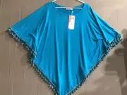 KOKOMO UNLIMITED ~ Teal top fringe one size women. NEW WITH TAGS Poncho Tunic