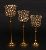 Candle Holder Votive Amber Crystal Bead Gold Metal Stand 11"-13"-14.5"High Set/3