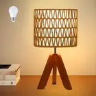 Tripod Table Lamp with Bulb, Small Boho Desk Lamp for Bedroom with Rattan Fabric