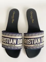 CHRISTIAN DIOR DWAY NAVY BLUE FABRIC SLIDES SANDALS SHOES 39.5