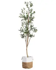 Nearly Natural 7ft Artificial Olive Tree with Natural Trunk & Handmade Jute Basket