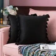 Pack of 2 Velvet Soft Solid Decorative Throw Pillows with Tassels Fringe Boho Accent Cushion for Couch Sofa Bed, Black