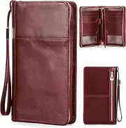 [SHLKNKLE] Top Grain Leather Travel Passport Wallet Holder for Man & Woman, Handmade with Three-Layer for 4 Passports & Multi Cards, RFID Blocking Large Capacity for Cards/Passports/Tickets, Burgundy,