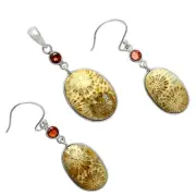 Premium Flower Fossil Coral & Garnet 925 Silver Pendant Earrings Set T-1010