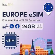 travSIM eSIM Europe | 24 GB Data at 4G/5G Speed | eSIM Data only | Use of eSIM Europe in 27 EU Countries | eSIM Europe Plan Valid for 14 Days