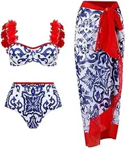[BINOXY] One-Shoulder Broken Flower Women Bikini Sets,Sexy Summer V Neck Sleeveless Swimsuit,3 Piece Swimsuit Outfits