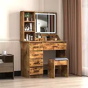 Karelwui Dressing Table,Vanity Desk with Sliding Mirror Light, Large Vanity Desk with Storage Shelves, 5 Drawers, Vanity Table with Chair, Bedroom Dressing Table, Industrial Style Retro Brown and Go