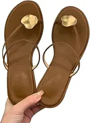 [XUEMML] Sandals Women Flip Flop，women's Flat Slide Sandals Open Toe Slip On Sandals For Summer，block Heel Sandals Metal Buckle High Heel Flip Flops (Color : Brown, Size : 39 EU)
