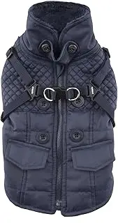 [Puppia] Wilkes Winter Dog Coat with Integrated Harness No Pull Cold Weather Waterproof Warm Fleece Back Zipper for Small & Medium Dog, Navy, X-Large