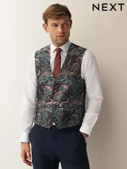 Multi Coloured Burgundy Red Paisley Regular Fit Occasion Waistcoat (N58909) | $100