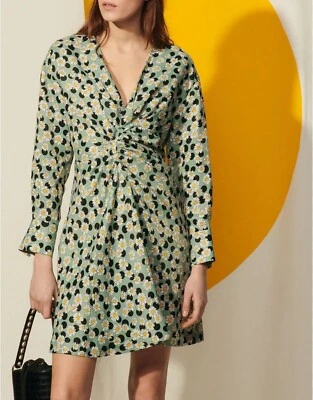 SANDRO PARIS Angele dress Green Pois Dots Floral Linen