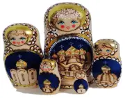 5pcs Hand Made Russian Nesting Doll of Russian Churches Burned Wood Style (7")