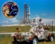 APOLLO 17 PRIME CREW ON LUNAR ROVER AT THE LAUNCH PAD 1972 8X10 NASA PHOTO