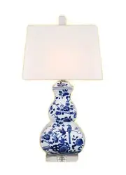 Chinese Blue and White Porcelain Gourd Vase Floral Bird Motif Table Lamp 25"