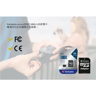 【Verbatim 威寶】MicroSDXC Pro 64GB V30 U3 UHS-I 4K記憶卡(47042)