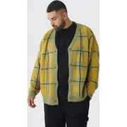 Mens Olive Plus Brushed Knit Check Drop Shoulder Cardigan