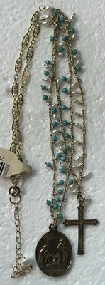 Andrea Barnett Necklace 2 Bronze Medals On Chain W/turq & Pearls Vintage ￼
