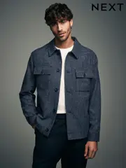 Navy Blue Brushed Check Shacket (N96456) | $102