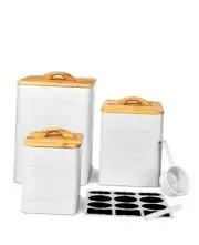 Kitchen Canisters Set of 3 – White Metal Airtight Food Storage Jars with Lids