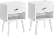 VASAGLE Bedside Tables, Set of 2, Side Table with Storage Drawer and Open Shelf, Solid Wood Legs, End Table for Living Room, for Bedroom, Sofa, Cloud White LET855W01